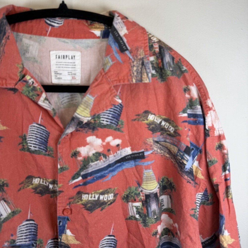 Fairplay Adult XL Red Button Up Short Sleeve‎ Shirt Travel Steamboat Hollywood